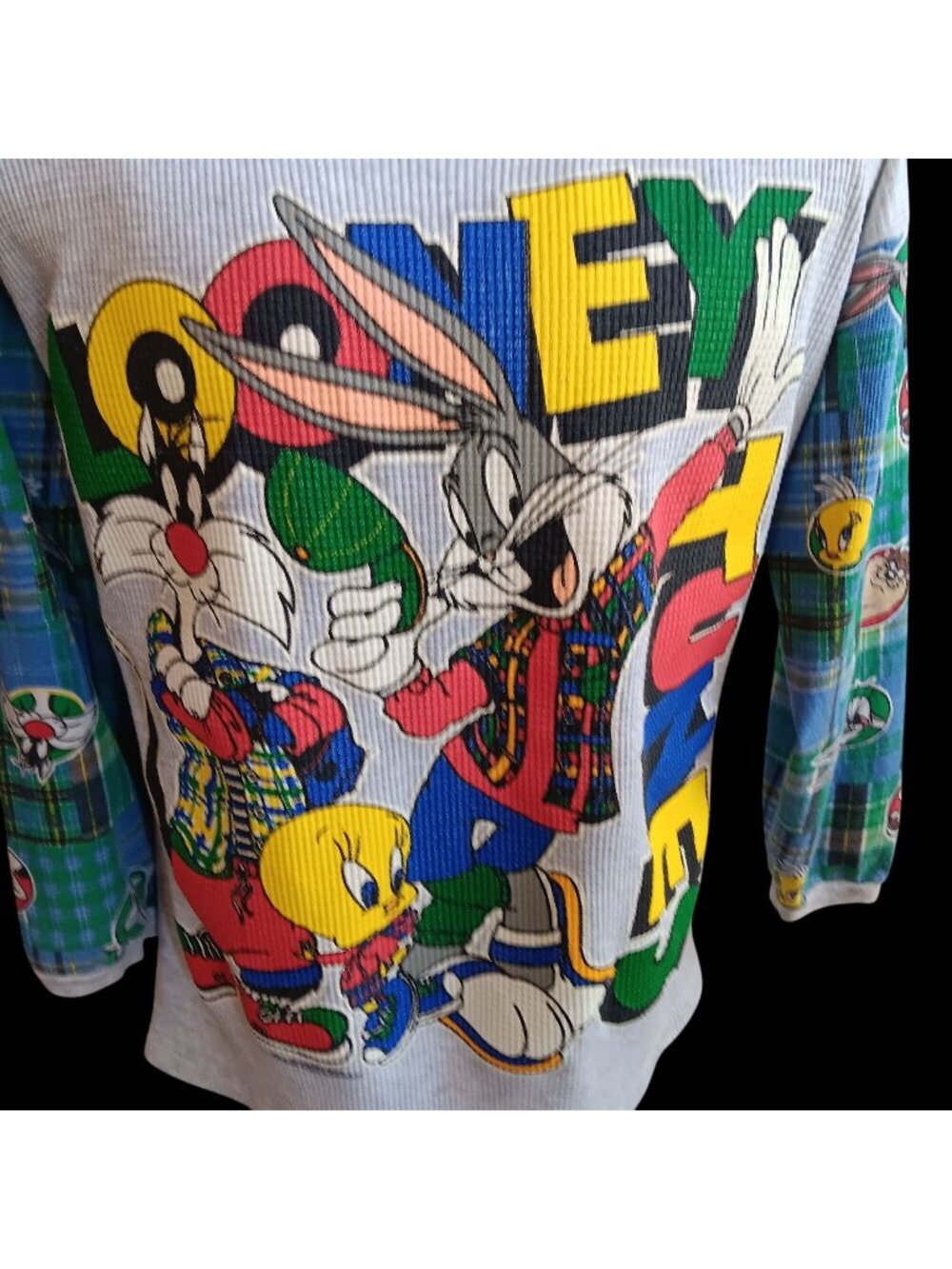 Vintage T-shirt Medium 1994 90s Looney Tunes Crew AOP SUN SPORTSWEAR Waffle